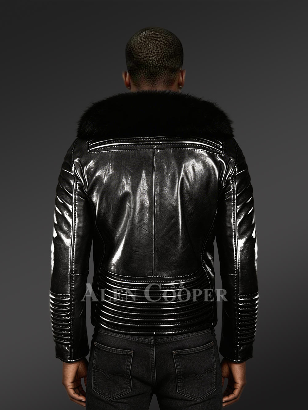 Men’s Sturdy Black Biker Jacket with Leather Ribs and Black Fox Fur Collar - Image 4