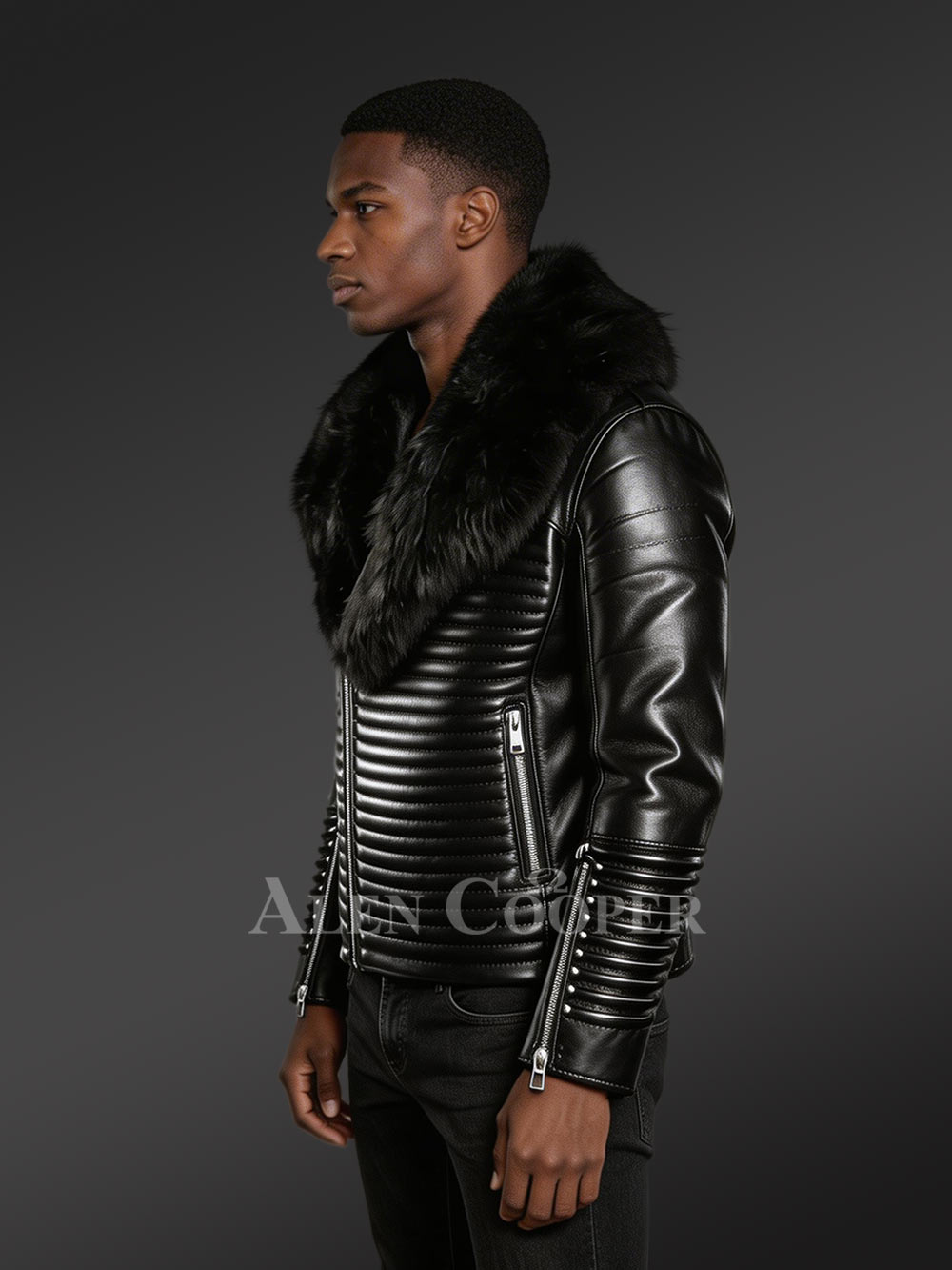 Men’s Sturdy Black Biker Jacket with Leather Ribs and Black Fox Fur Collar - Image 2