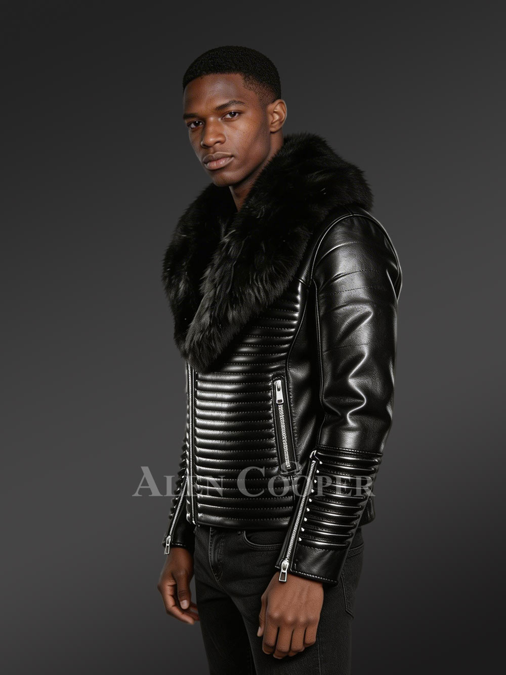 Men’s Sturdy Black Biker Jacket with Leather Ribs and Black Fox Fur Collar - Image 3