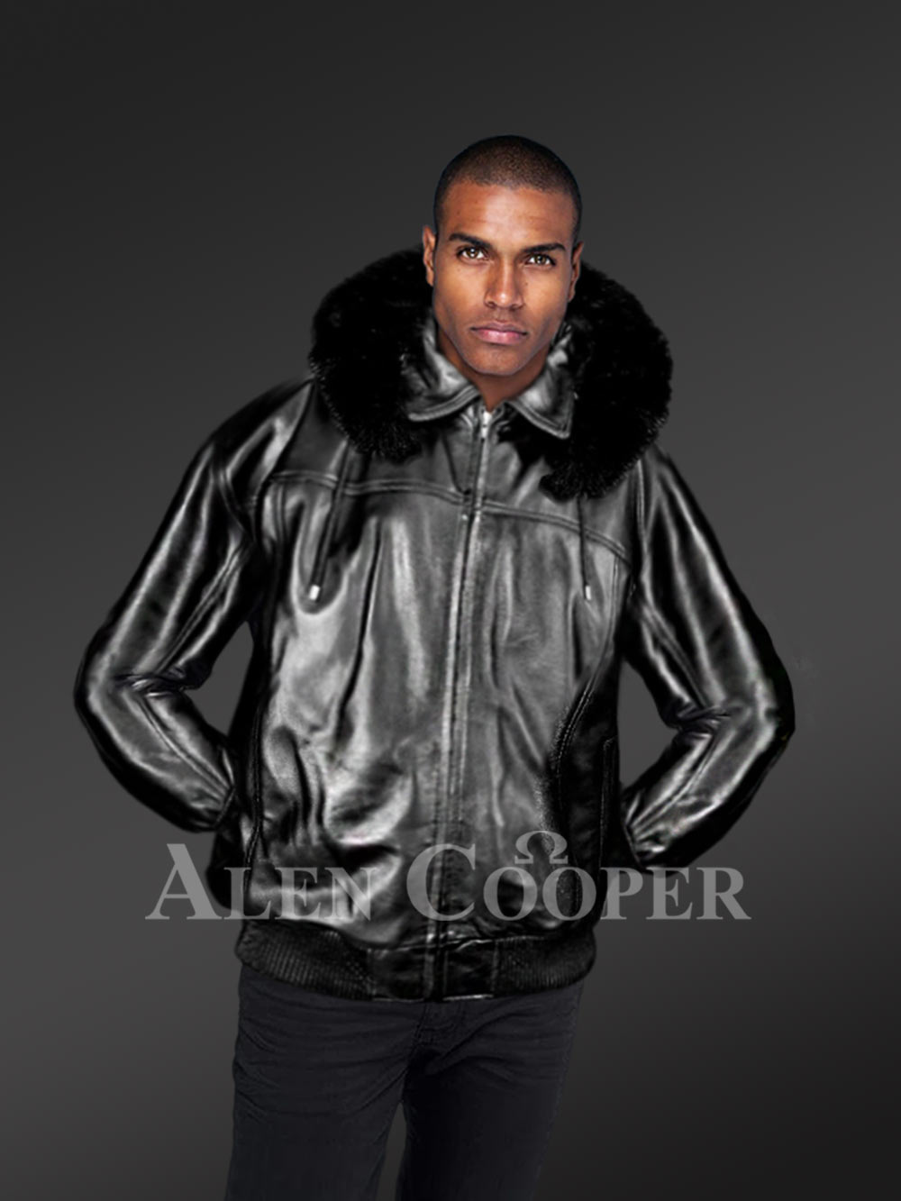 Men's Zipout Hooded Bomber with Fox Fur Trim