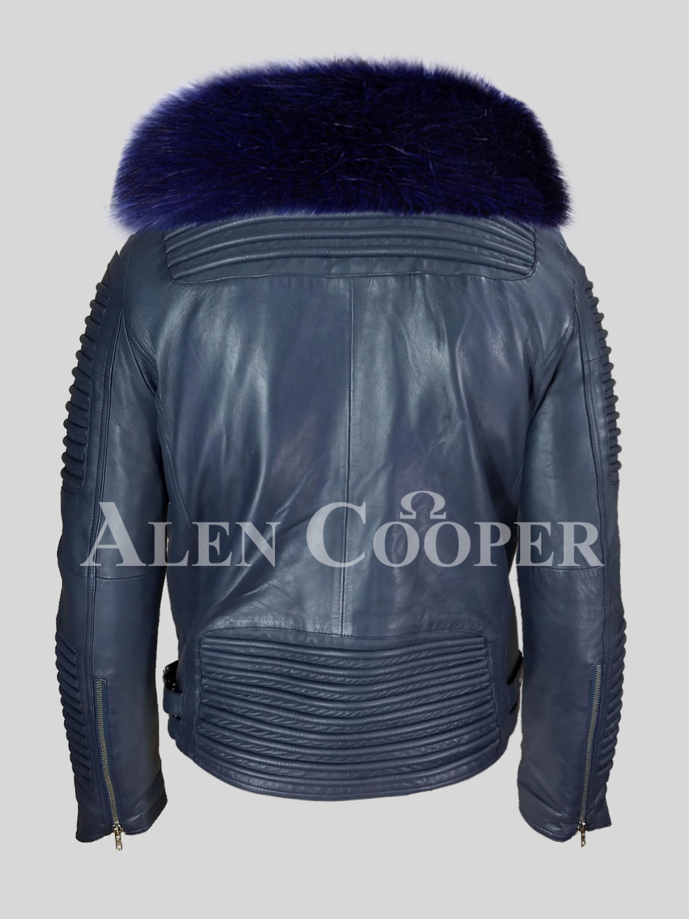 Navy blue leather biker jacket with shawl-style lapel of fox fur - Image 3