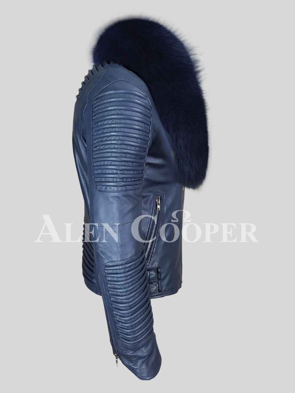 Navy blue leather biker jacket with shawl-style lapel of fox fur - Image 2