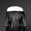 Men’s stunning black real leather jacket with white fox fur collar back view