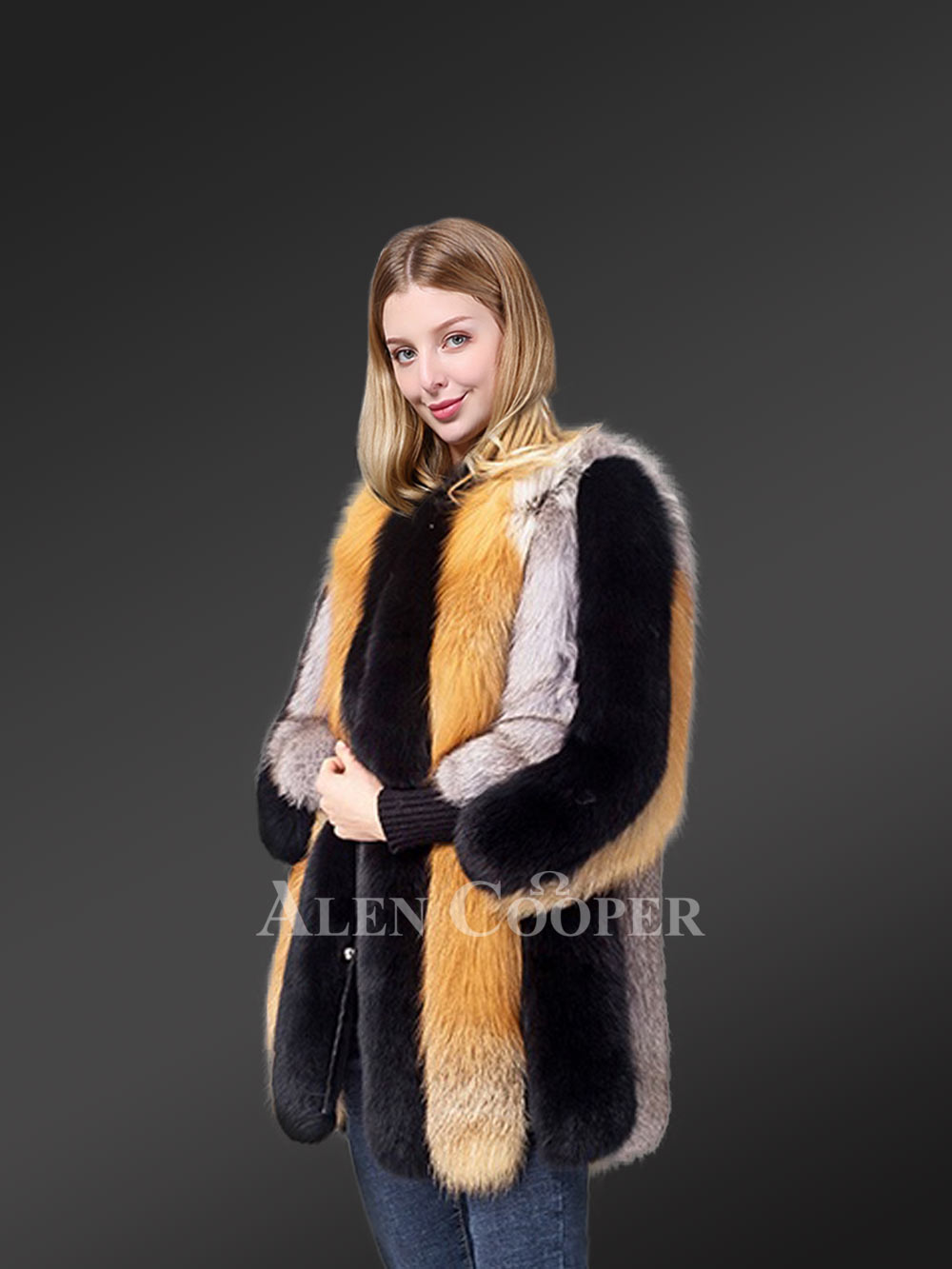 Mid Length Fox Fur Coat for Women with Button Closing - Image 3