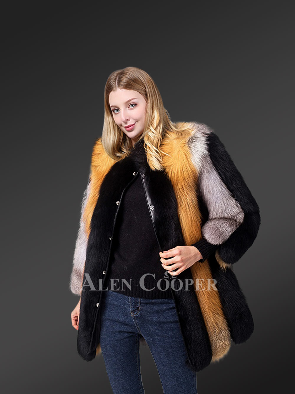 Mid Length Fox Fur Coat for Women with Button Closing - Image 2
