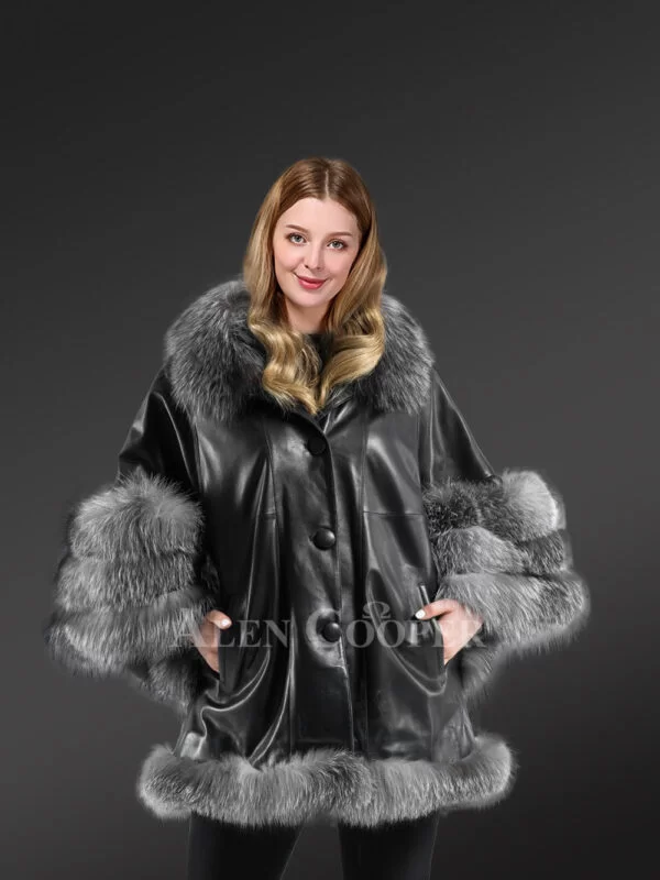 Leather and Fox Fur Cape in Black