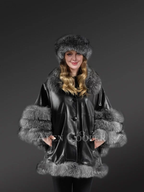 Leather and Fox Fur Cape in Black - Image 3