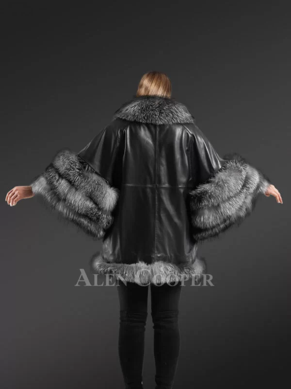 Leather and Fox Fur Cape in Black - Image 7