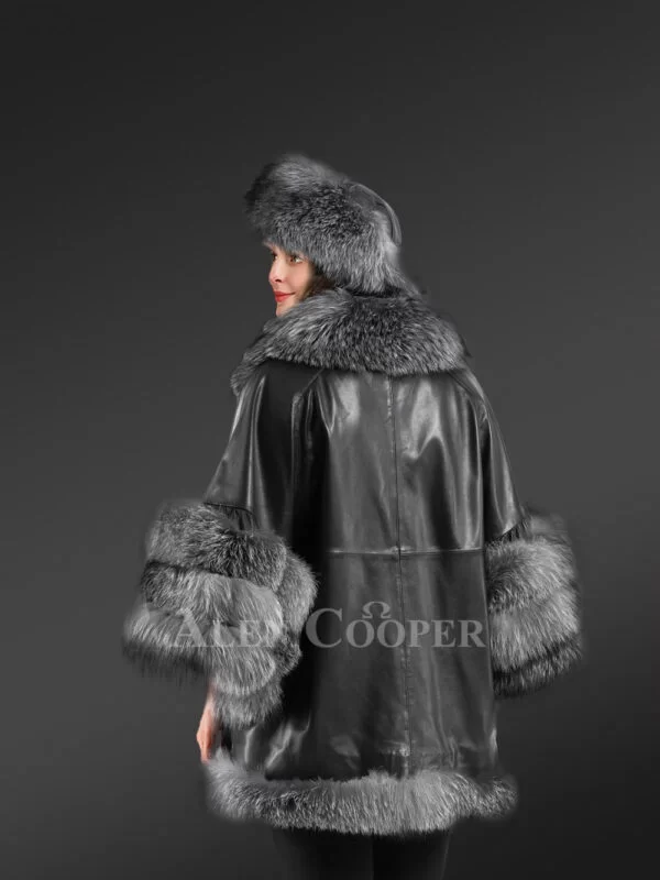 Leather and Fox Fur Cape in Black - Image 6