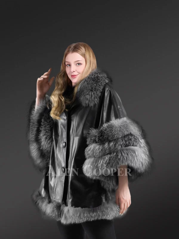 Leather and Fox Fur Cape in Black - Image 2