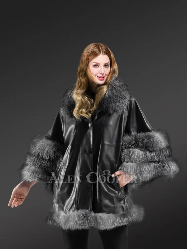 Leather and Fox Fur Cape in Black - Image 5