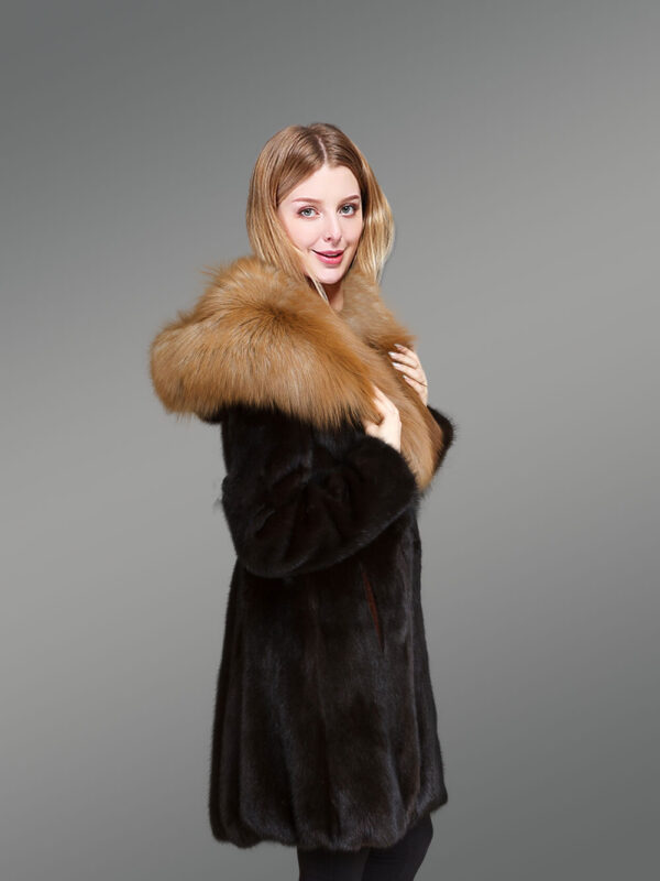 Mink Fur Coat with Red Fox Fur Hood and Lapels for Women - Image 2