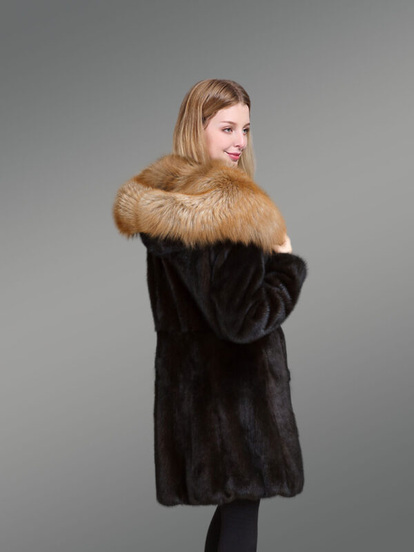 Mink Fur Coat with Red Fox Fur Hood and Lapels for Women - Image 4