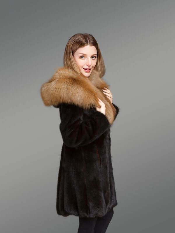 Mink Fur Coat with Red Fox Fur Hood and Lapels for Women - Image 3