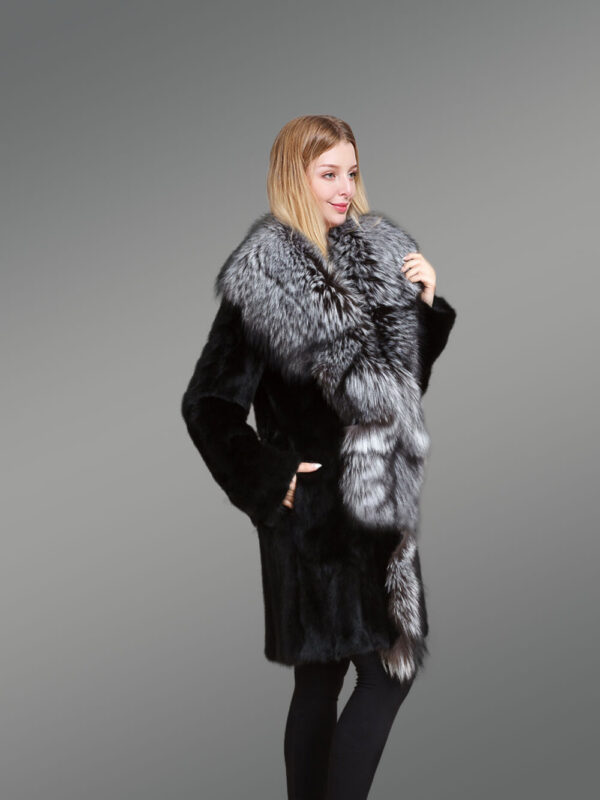 Mink Fur Coat with Silver Fox Fur Collar and Lapels - Image 2