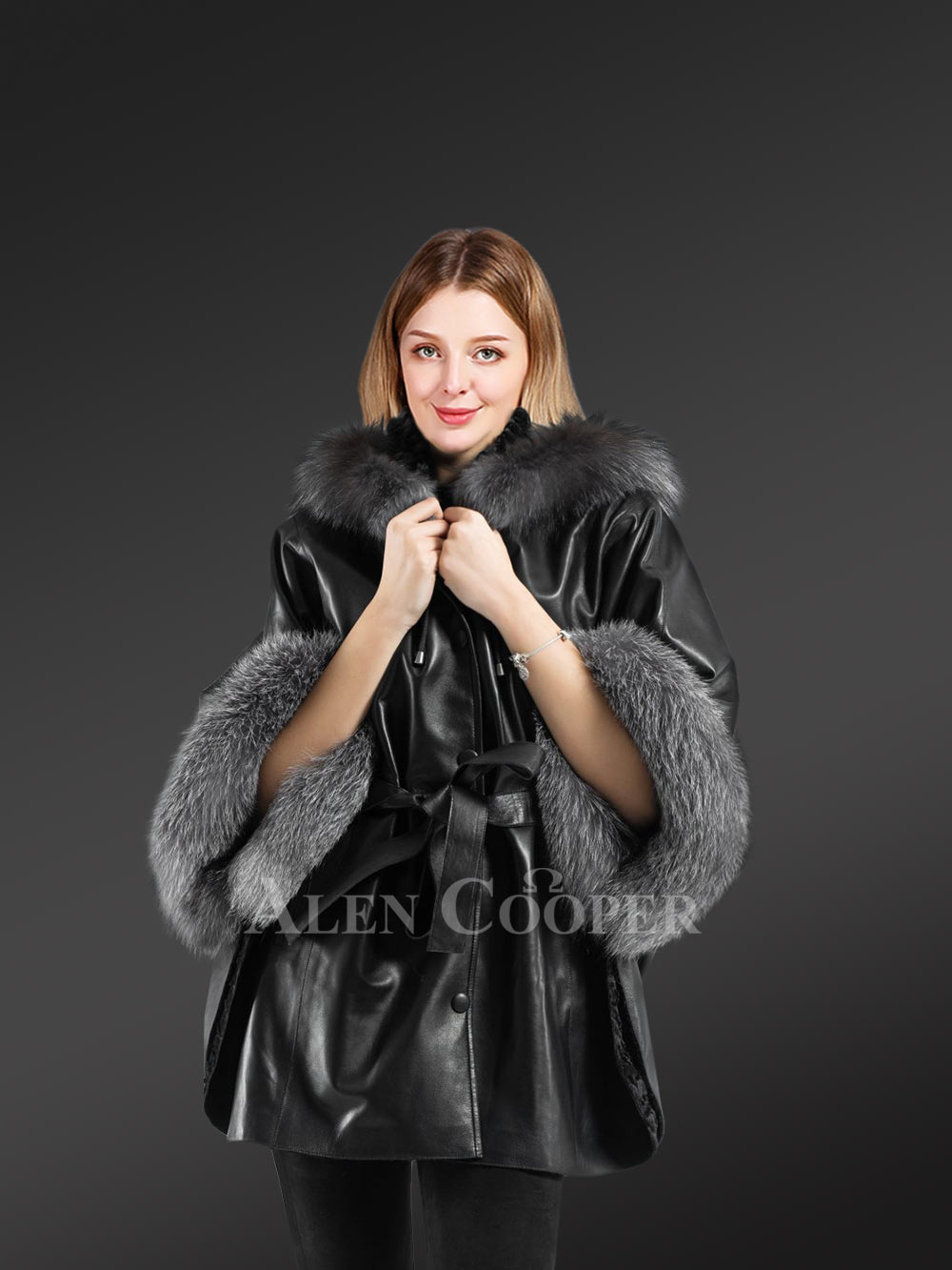 Lamb Leather Cape Coat Decorated With Silver Fox Fur Stands Out From the Crowd - Image 2