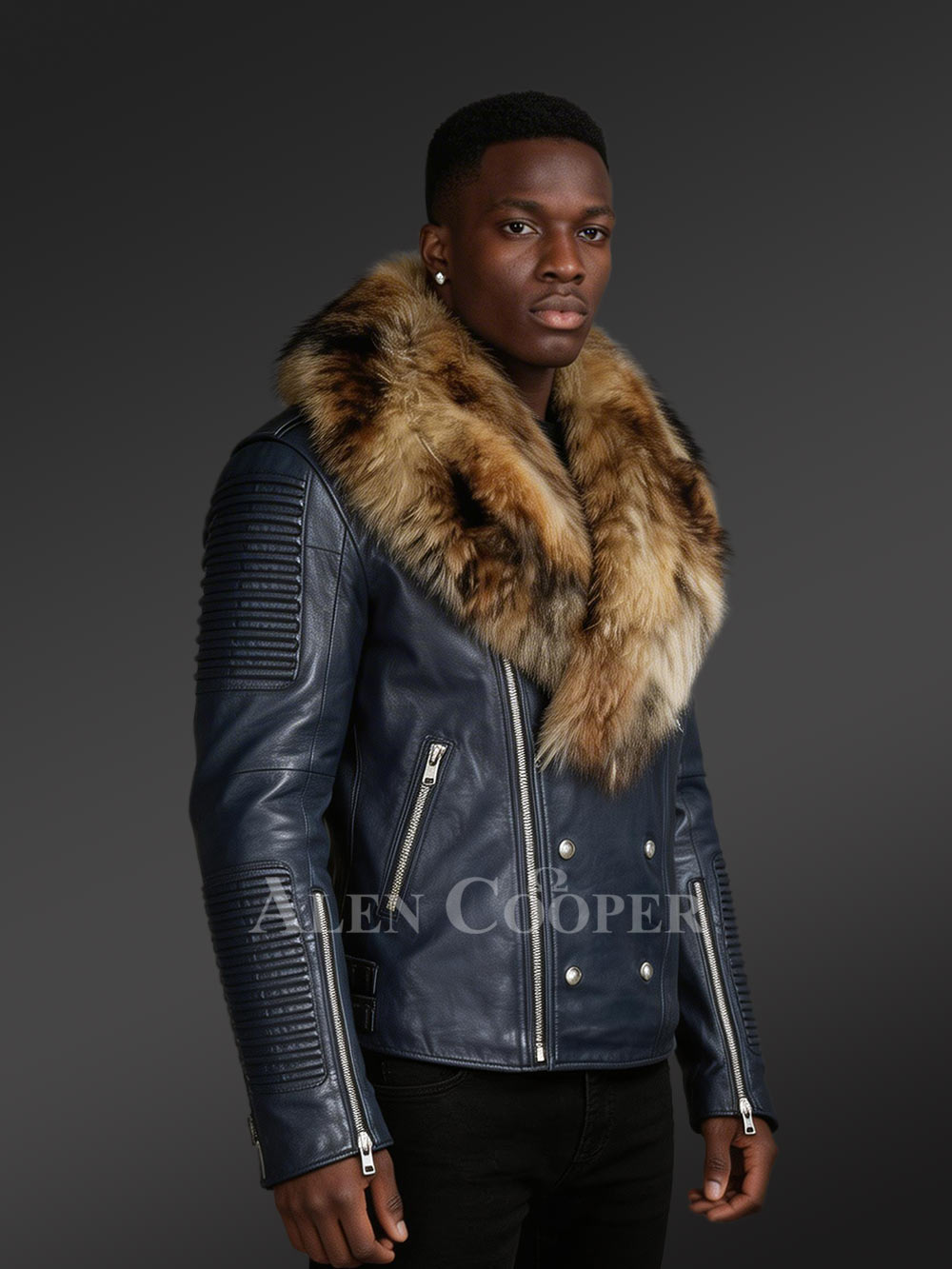 Navy Blue Leather Jacket with Fur Collar for Men - Image 2