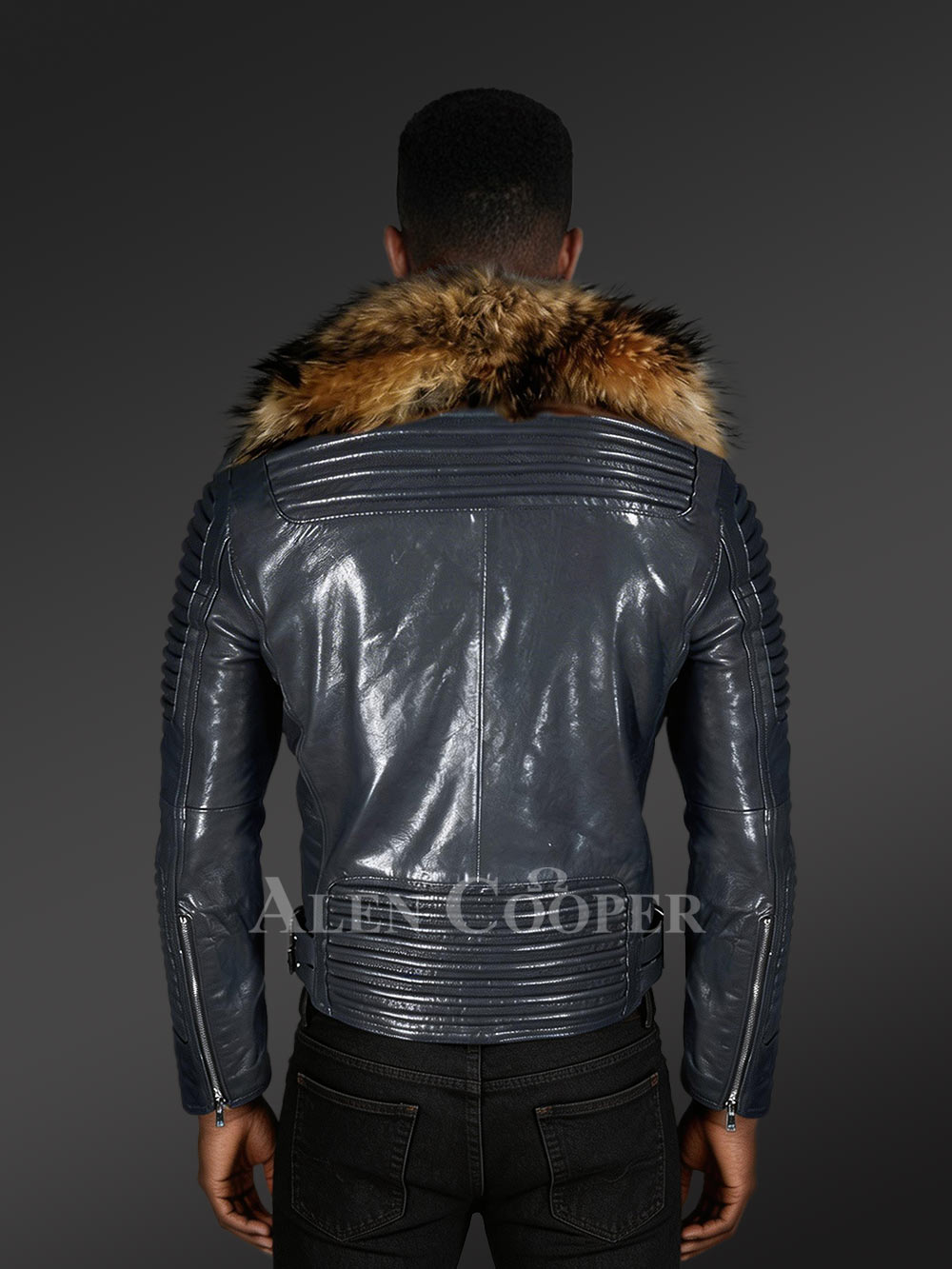 Navy Blue Leather Jacket with Fur Collar for Men - Image 4