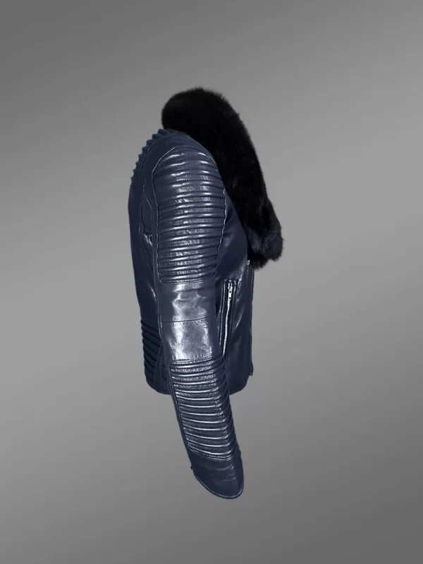 Navy Blue Biker Jacket with Black Fox Fur Collar - Image 3