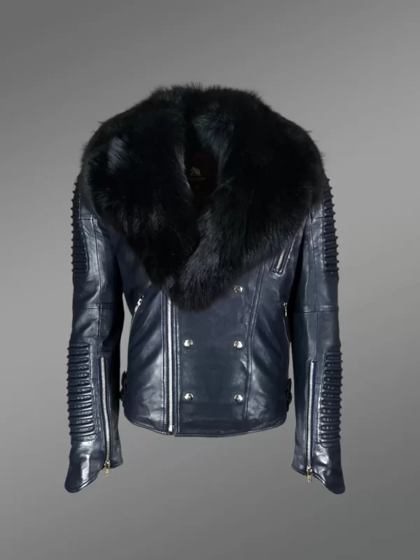 Navy Blue Biker Jacket with Black Fox Fur Collar - Image 2