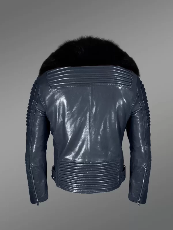 Navy Blue Biker Jacket with Black Fox Fur Collar - Image 4