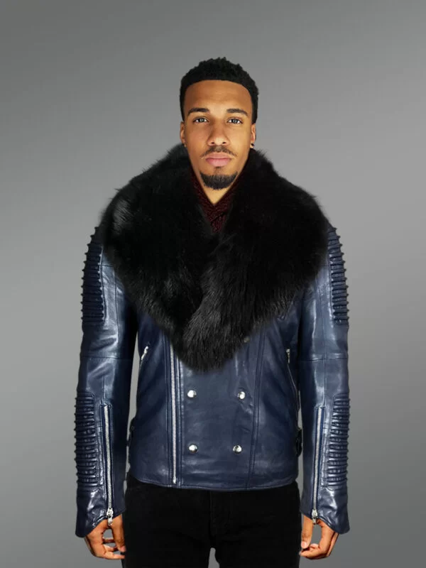 Navy Blue Biker Jacket with Black Fox Fur Collar