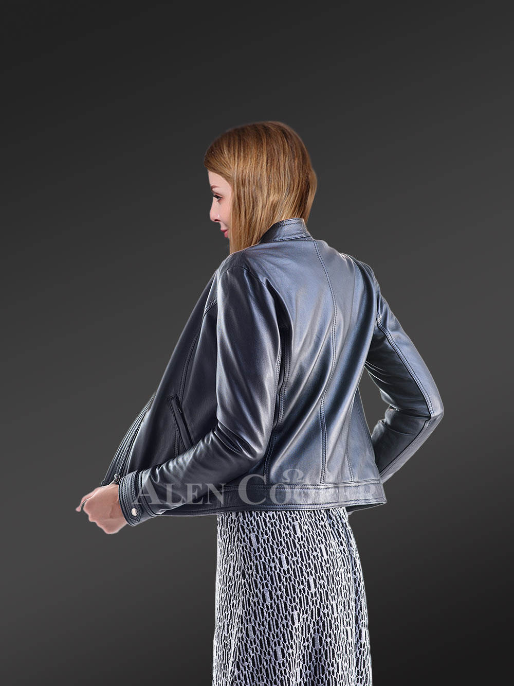 Navy Leather Jacket for Women - Image 5
