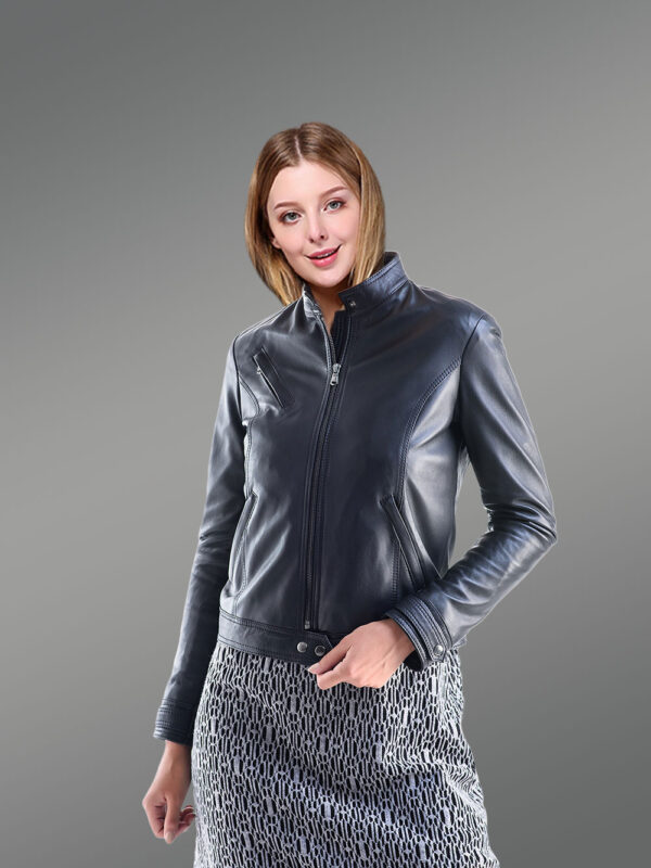 Navy Leather Jacket for Women - Image 3