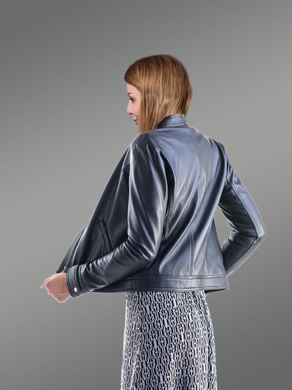 Navy Leather Jacket for Women - Image 2