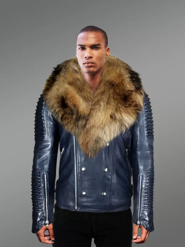 Navy Blue Leather Jacket with Fur Collar for Men