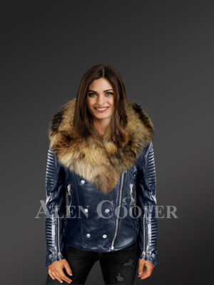 Navy Moto Leather Jackets for Women with Detachable Raccoon Fur Collar