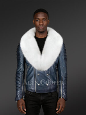 Navy biker jacket with white fox fur collar