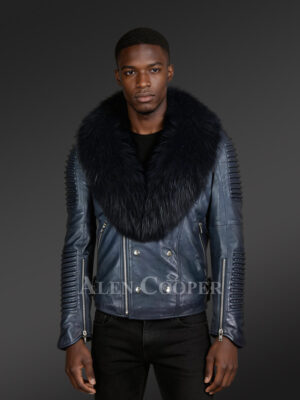 Navy blue leather biker jacket with shawl-style lapel of fox fur