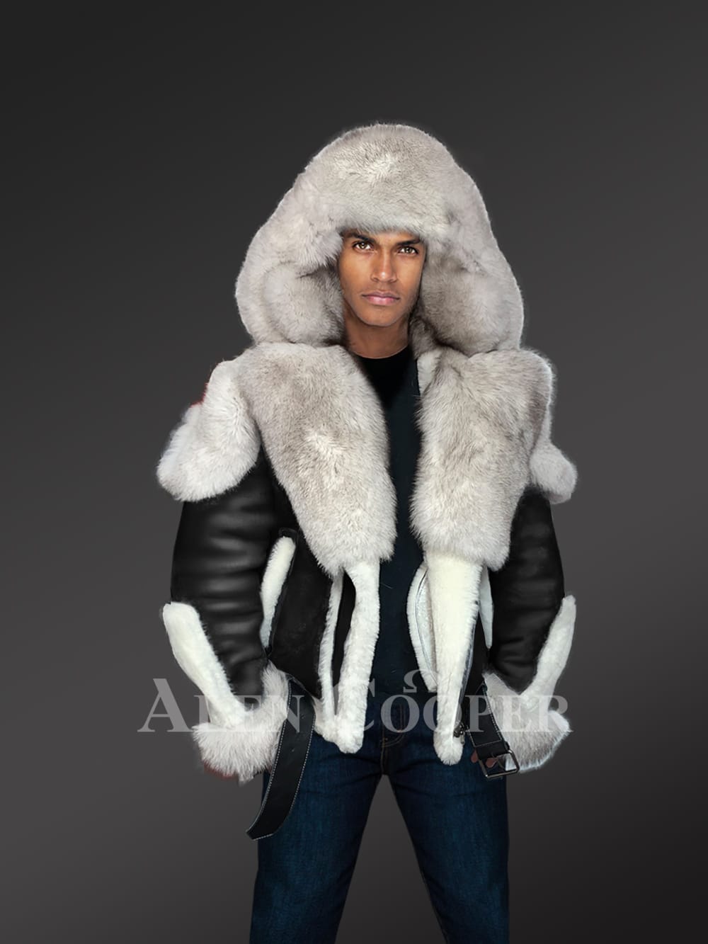 Men Sheepskin Shearling Jacket with Dense Fox Fur Accents - Image 3
