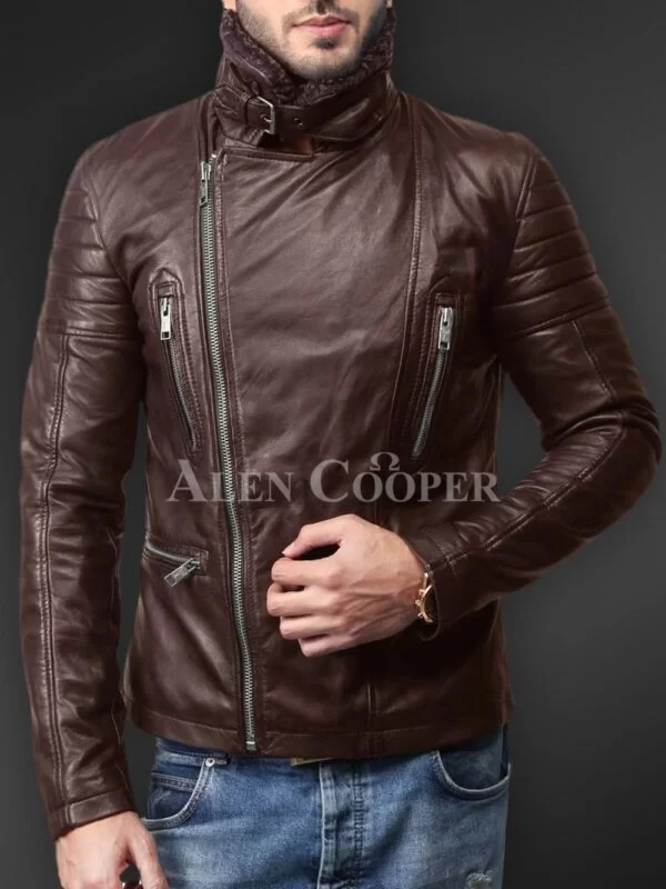 Soft and Solid Asymmetrical Zipper Closure Pure Leather Jacket for Men - Image 2