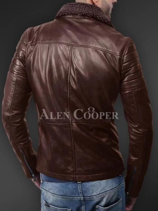 Soft and Solid Asymmetrical Zipper Closure Pure Leather Jacket for Men - Image 15