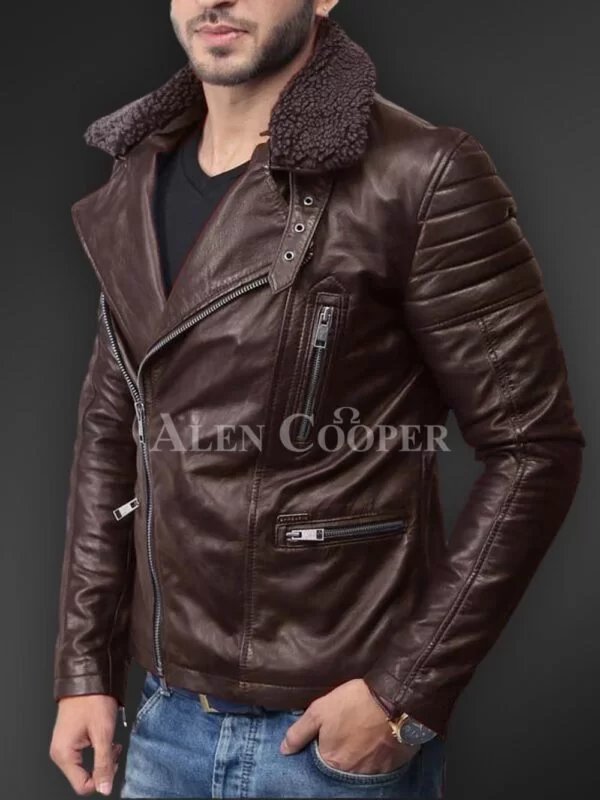 Soft and Solid Asymmetrical Zipper Closure Pure Leather Jacket for Men - Image 10