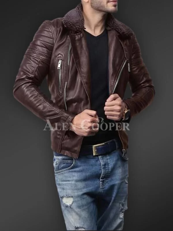 Soft and Solid Asymmetrical Zipper Closure Pure Leather Jacket for Men - Image 6