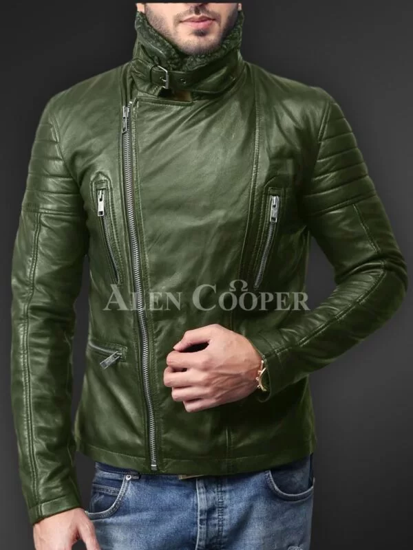 Soft and Solid Asymmetrical Zipper Closure Pure Leather Jacket for Men - Image 4