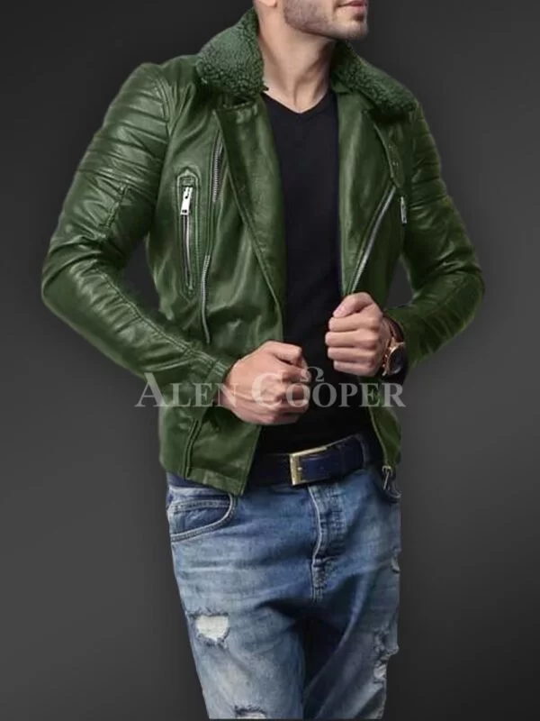 Soft and Solid Asymmetrical Zipper Closure Pure Leather Jacket for Men - Image 7