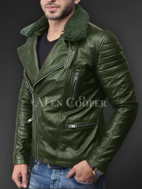 Soft and Solid Asymmetrical Zipper Closure Pure Leather Jacket for Men - Image 12