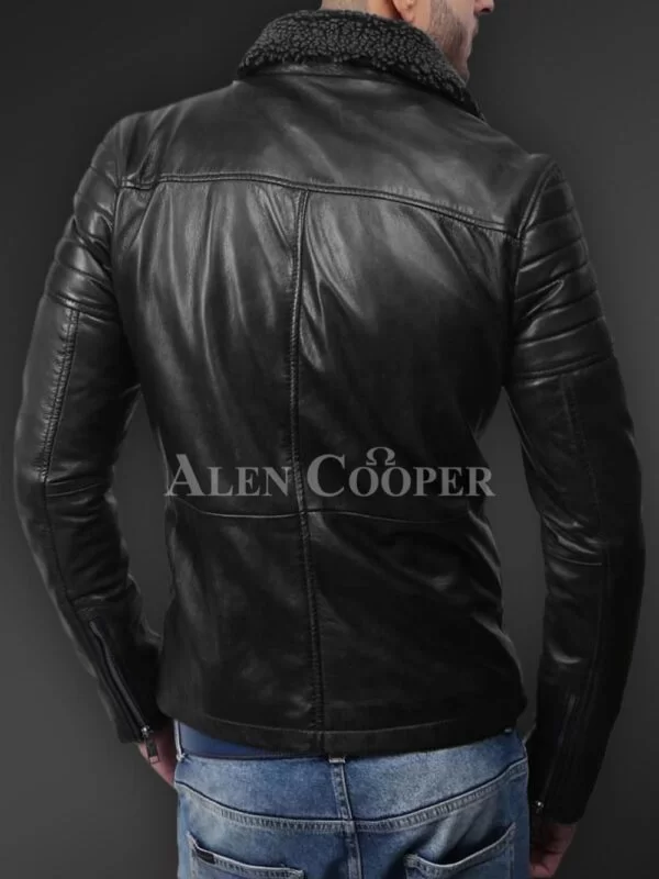 Soft and Solid Asymmetrical Zipper Closure Pure Leather Jacket for Men - Image 13