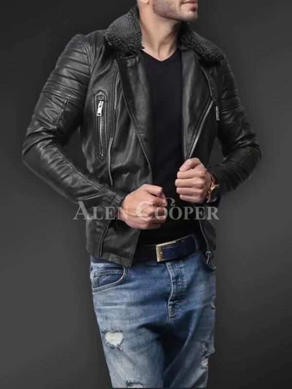 Soft and Solid Asymmetrical Zipper Closure Pure Leather Jacket for Men - Image 5