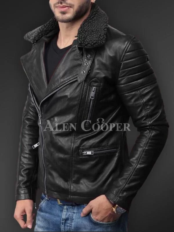 Soft and Solid Asymmetrical Zipper Closure Pure Leather Jacket for Men - Image 9