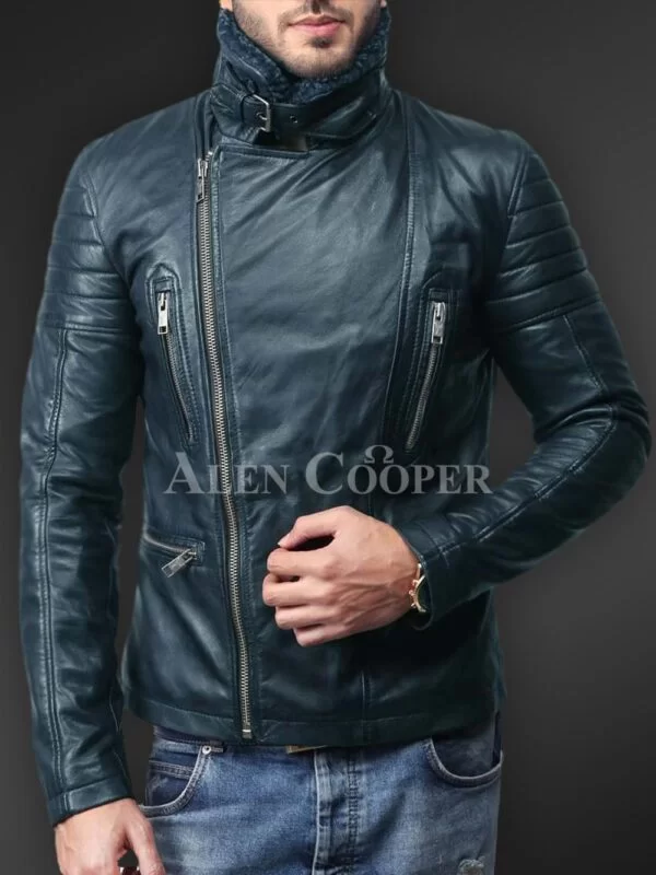 Soft and Solid Asymmetrical Zipper Closure Pure Leather Jacket for Men - Image 3