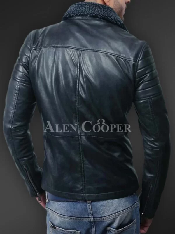 Soft and Solid Asymmetrical Zipper Closure Pure Leather Jacket for Men - Image 14