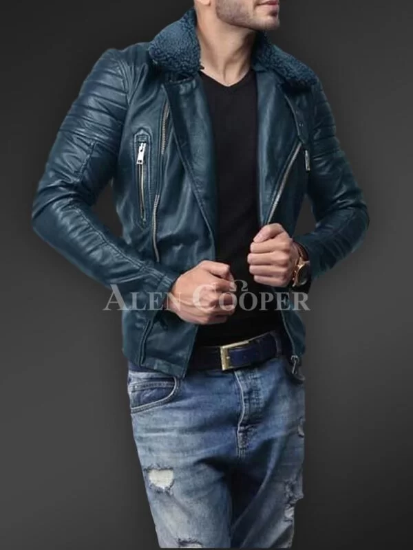 Soft and Solid Asymmetrical Zipper Closure Pure Leather Jacket for Men - Image 8