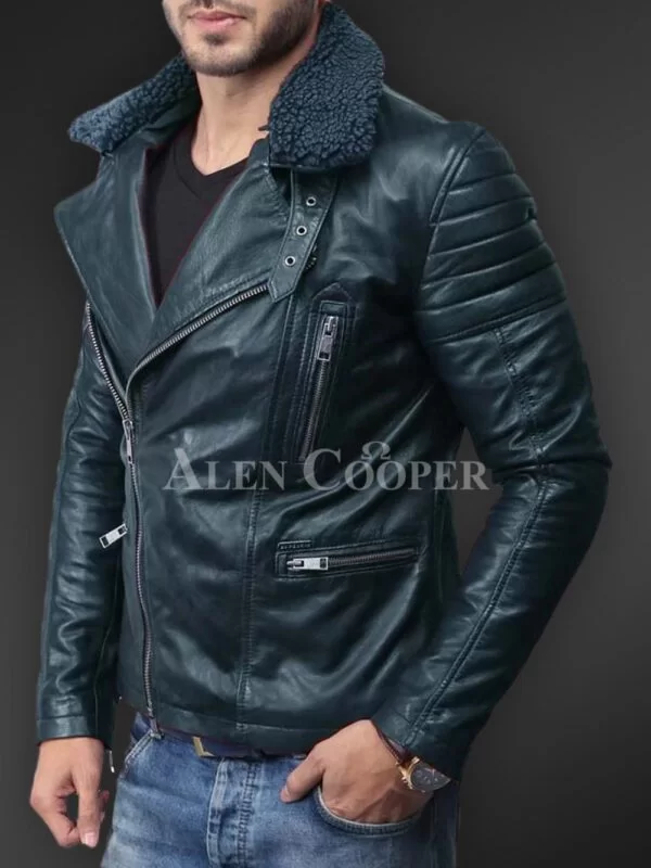 Soft and Solid Asymmetrical Zipper Closure Pure Leather Jacket for Men - Image 11