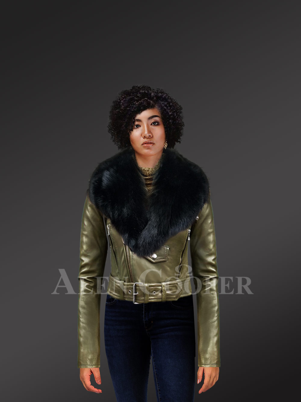 Olive-Moto-jackets-for-women-with-black-fox-fur-paragraph-detachable-collar