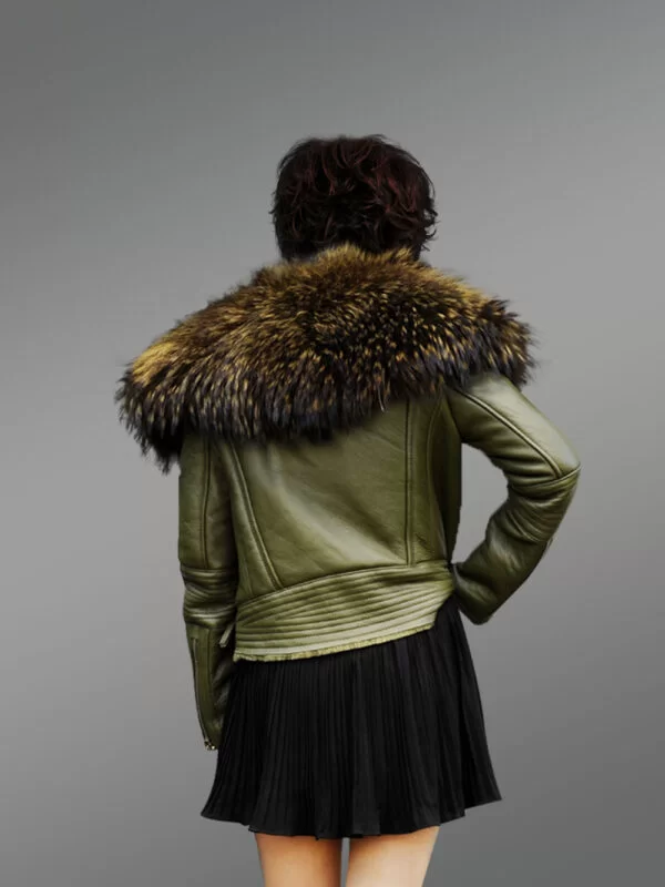 Olive Real leather Jacket with Raccoon fur collar for Women - Image 2